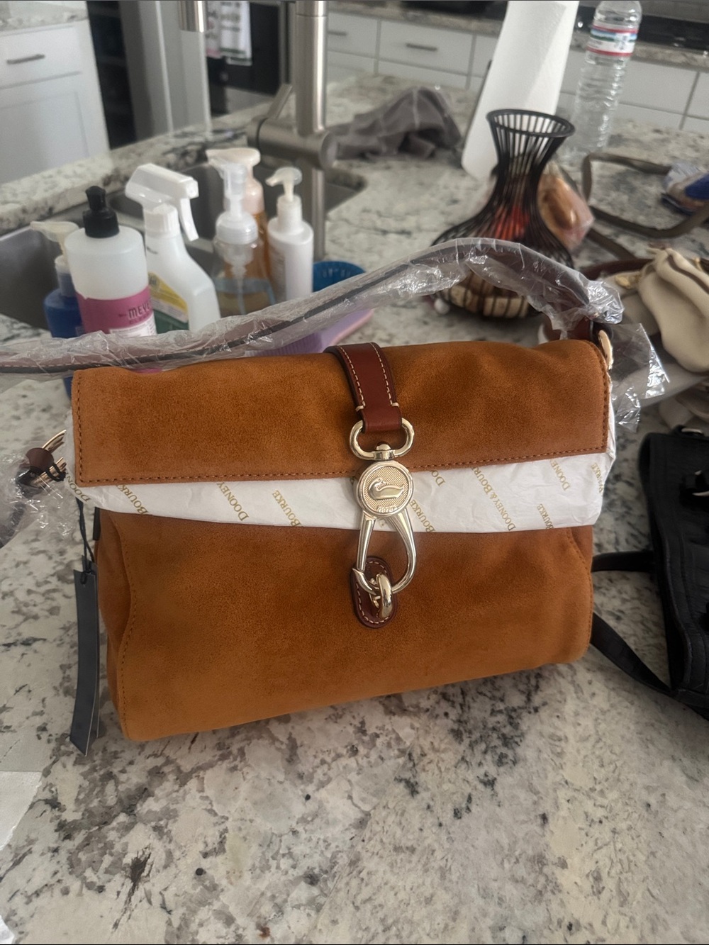 Dooney & Bourke Suede Shoulder Bag in Cognac Brown with White Accent